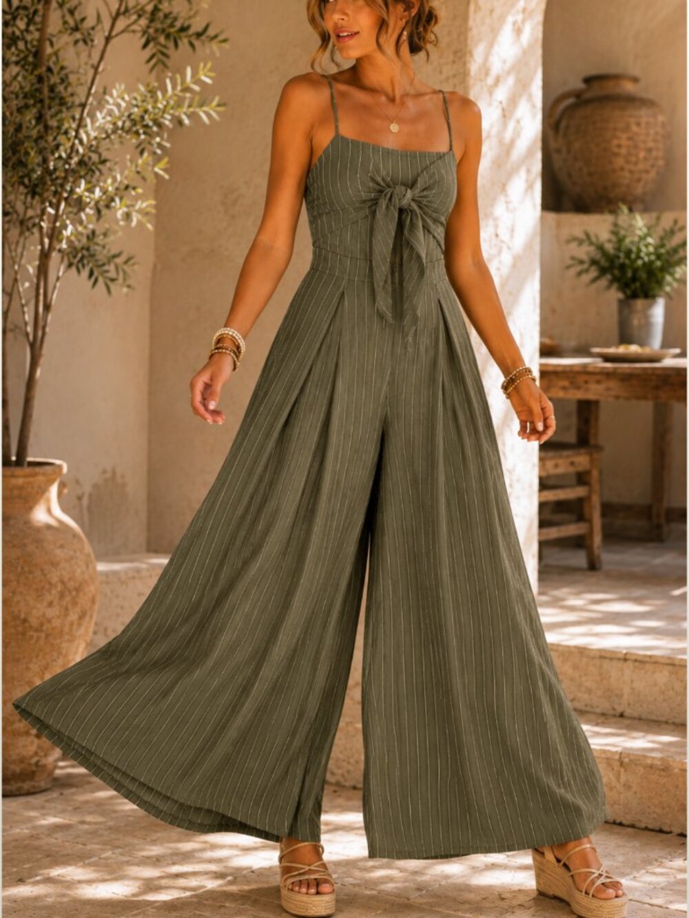 Flying Tomato Olive Pinstripe Open Back Palazzo Jumpsuit M Boho Resort EUC